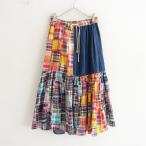 アミナ Amina *タータンチェック×デニムパッチワークティアードスカート*切替ギャザー裏地付イージーロング(sk2-2504-284)【21E52】