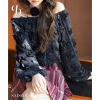 ショッピング薔薇 トップス レディース カットソー ブラウス プルオーバー 長袖 オフショルダー オフショル バルーンスリーブ 花柄 薔薇 無地 ショート丈 トレンド