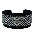 【未使用美品】PRADA プラダ 1IB410 ブレスレット バングル ロゴ ラインストーン サテン系 トライアングルロゴ ブラック【Mサイズ】