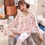 パジャマ レディース セットアップ 上下セット 部屋着 ルームウェア トップス 長袖 丸首 ストライプ 総柄 ロングパンツ 薄手 夏向き