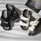 サンダル スリッパ 厚底 レディース ボア ファー バックル 歩きやすい 痛くない 履きやすい つっかけ ミュール ダブルベルト 秋 冬 可愛い 黒 白 amiami エディ