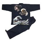 [江戸てん]作務衣 デニム生地 （綿100％）しっかりしているのに柔らかい さむえ 柄入り 通年 メンズ 風神雷神波　紺・黒