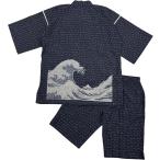 [江戸てん]M数量限定甚平日本製久留米しじら織り綿100％抜染和柄腰に波黒格子