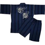 [江戸てん]M数量限定甚平日本製久留米しじら織り綿100％抜染和柄風神雷神青縞