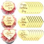 Happy Mother's Day カップケーキトッパー、24ピースゴールドミラーアクリル、円形六角ハート形