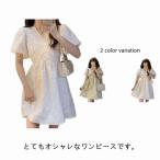 フレアワンピース 膝上丈 ミニドレス Vネック 花柄 ワンピース ヴィンテージ パフスリーブ 半袖 レディース お洒落 カジュアル 可愛い