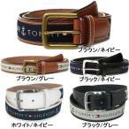 在庫処分アウトレット  Tommy Hilfiger メンズ レザー ベルト ロゴ フラッグ マーク バックル コットン ファッション