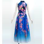 和柄ドレス ロング丈 アメリカンスリーブ 桜 ブルー(青) S-Lサイズ JW002bl