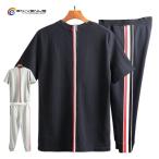 上下セット メンズ セットアップ 大きいサイズ ライン柄 夏 半袖 シャツ 薄手 ロング丈 ジョガーパンツ スウェットパンツ メンズ ルームウェア 部屋着