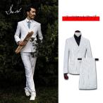 白 ストライプ ドレススーツ男性ダブルブレストメンズ 2 ピースセットスーツブレザー Weddding ビジネス歌手 衣装ジャケットオムやつ