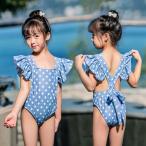 水着 キッズ 女の子  袖フリル 子供水着 水泳帽付き 蝶結び 海 女児用 水着ドット柄 スイムウェア 水泳 温泉 スポーツ ビーチ 90 100 110 120 130 140 150cm