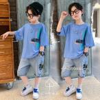 韓国子供服 セットアップ 130cm 150cm トップス デニムパンツ 男の子 ジーンズ カジュアル 夏 半袖 ズボン ゆったり リゾート スーツ キッズ 可愛い