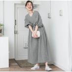 ショッピングワンピース 夏 レディース ワンピース レディース 春 夏 ロングワンピース 半袖 五分袖 チェック柄 Vネック パフスリーブ ボリューム Aラインワンピース ギャザー フリル ゆったり大人