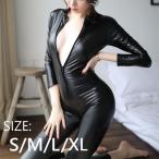 CS006 2頭 ファスナー キャットスーツ エナメル 大きいサイズ セクシー コスチューム ボンデージ レザー風 PU メタリック フロントジップ コスプレ