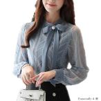 お出かけ服装50代 おでかけ シフォンブラウス レディース ブルー 結婚式 大きな真珠リボン 大人かわいい ふんわりレース OL 清楚 エレガント 【今だけ送料無料】