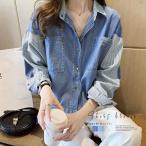 デニム風シャツ レディース 異素材切替 シャツブラウス カジュアル 長袖シャツ 春服 胸ポケット トップス 羽織り おしゃれ