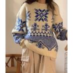 雪の結晶柄プリントニットセーター 新作長袖トップス（ホワイト）sk1261