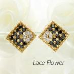 ブラックダイヤモンド ピアス ゴールド 18k パヴェ フラワー アンティーク ミル 18金 誕生日 プレゼント 母の日