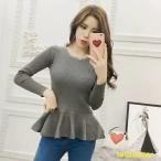  тугой оборка ребра вязаный красивый . стрейч длинный рукав ga- кромка оборка тонкий раунд шея pe слива симпатичный тонкий женский 