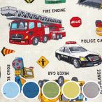 オックス 生地 働く車 と標識 男の子 おしゃれ レッスンバッグ生地 通園 通学 入園 入学 はたらく くるま 車 パトカー かっこいい 緊急車両 救急車 消防車 爆買