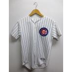 【中古】GENUINE MERCHANDISE "Chicago Cubs"/ MLB シカゴ・カブス ワッペン付き ストライプ柄 半袖 ベースボールシャツ 白×青 Made in U.S.A