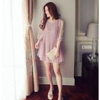 フリル袖ブラウス　チュニック　プリーツ　シフォン　ミニワンピース　フリルブラウス　フリル袖　ブラウス　シフォン　ギャザー　透け感　タック