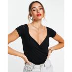 エイソス ASOS DESIGN レディース ボディースーツ インナー・下着 Short Sleeve Off Shoulder Bodysuit With Wrap Front In Black ブラック