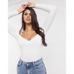 エイソス ASOS DESIGN レディース ボディースーツ インナー・下着 rib bodysuit with bust seams and long sleeve in white ホワイト