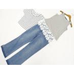 KOOS等 ノースリーブ＆半袖カットソー+デニムパンツ コーデ3点セット M グレー杢＆白 花 白紺 ボーダー 青系 カジュアル・ナチュラル系 20代〜30代