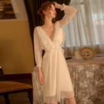 ネグリジェ 長袖 背中見せ ディープVナック ワンピーパジャマ 透け感 フリル セクシー 胸元 ナイトウェア 部屋着 ルームウェア 可愛い