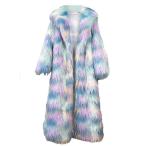 毛皮コート レディース フェイクファージャケット ロング丈アウター カラフル パッチワーク シャギー エコファー 防寒着 優雅 ふわふわ