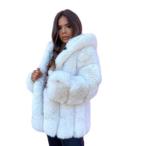 毛皮コート フェイクファージャケット レディース 帽子付き エコファー ロング丈アウター 防風防寒 ゴージャス ふわふわ 毛皮ブルゾン