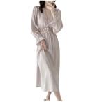 ルームワンピース シルク風 婦人 ネグリジェ Vネック レース フリル セクシー 可愛い 長袖 春秋 サテン ルームウェア 寝巻き 光沢感