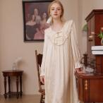 シルクネグリジェ 宮廷風 フリル 長袖 ルームウェア レディースパジャマ ワンピース ロング丈 レーヨン ルームウェア 寝間着 便利服 春