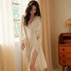 ネグリジェ 長袖 ワンピースパジャマ Vネック レース ナイトドレス 寝間着 スリープウェア ルームドレス サテン シルク風 部屋着