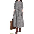 ワンピース レディース チェック柄 マキシワンピース 長袖 リネンワンピース 体型カバー 着痩せ 大きいサイズ Aライン シャツワンピース