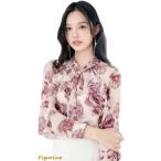 レディース シフォン シャツ 長袖 トップス 花柄 ブラウス ボウタイ パフスリーブ ゆったり 体型カバー 韓国風 ファッション リボン