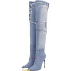 ニーハイブーツ レディース ストレッチ ロングブーツ ハイヒール ピンヒール ポインテッドトゥ デニム 11CM 身長UP セクシー 長靴
