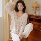 レディース パジャマ えりフリル 姫系 シルク風 ルームウェア 二点セット Vネック 長袖 部屋着 寝巻き 長袖 フリル エレガント 吸汗