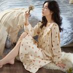 ネグリジェ パジャマ ワンピース 綿 長袖 ロング 秋 ルームワンピース お姫様 レースフリル かわいい レディース 襟フリル 姫系 長袖