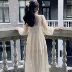 ネグリジェ 姫系 宮廷風 2点セット カーディガン レディース パジャマ ワンピース 透け感 シフォン ボリューム袖 レース レースアップ