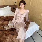 ネグリジェ 長袖 バッド入り フランス風 ルームウェア レディースパジャマ ワンピース ロング丈 レーヨンサテン シルク 部屋着 寝間着