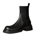 ニットブーツ 切り替え 本革 レザー ショートブーツ ショート レディース ミドルヒール 粗いかかと ラウンドトゥ 秋靴 冬靴 エレガント