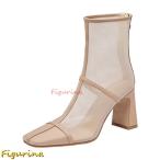 ブーツサンダル レディース メッシュ チャンキーヒール ミドルブーツ スクエアトゥ バックジップ 牛革 サマーブーツ クローズ トゥ