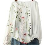 大きいサイズ 花柄 刺繍 チュニック ボタニカル コットン 長袖 スモック 丸ネック ロング トップス ボタン 森ガール　fj-d361