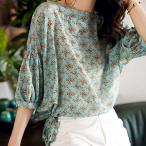 ボタニカル 総柄 ７分丈袖 ボタンなし ブラウス　大きいサイズ  ロング トップス ボタン 森ガール