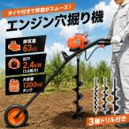 エンジン穴掘り機 エンジン式 穴掘り機 タイヤ付き 63cc 2.4kW 2.8馬力 3種ドリル付き アースオーガー 穴掘りドリル オーガードリル 2ストローク 穴掘り工具
