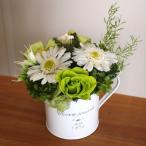 プリザーブドフラワー【ガーベラとバラブリキポットアレンジ☆ ホワイト×グリーン】誕生日プレゼント 新築祝い 引越し祝い 長寿祝い 記念日 退職祝い 母の日