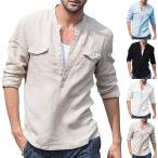 Tシャツメンズ長袖トップスリネンシャツvネック秋物tシャツメンズTシャツ綿...