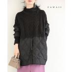 ショッピングチュニック SからL対応  黒 重ね着風なニットとキルトのドッキングチュニック